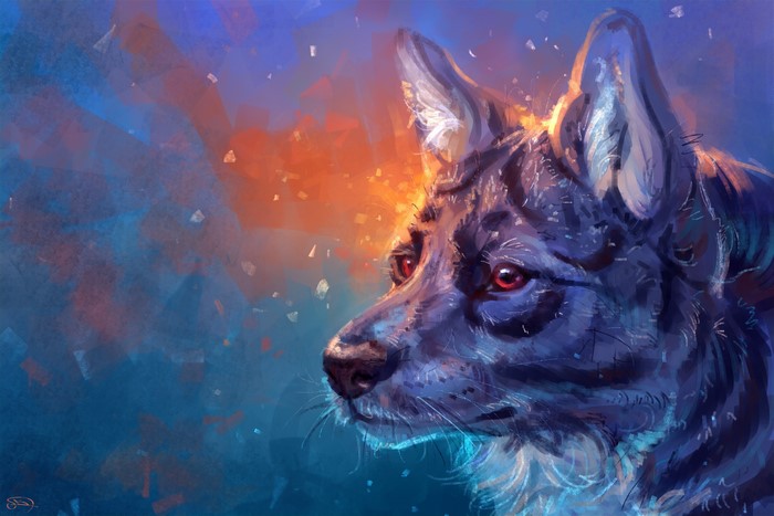 Wolf painting with fiery background