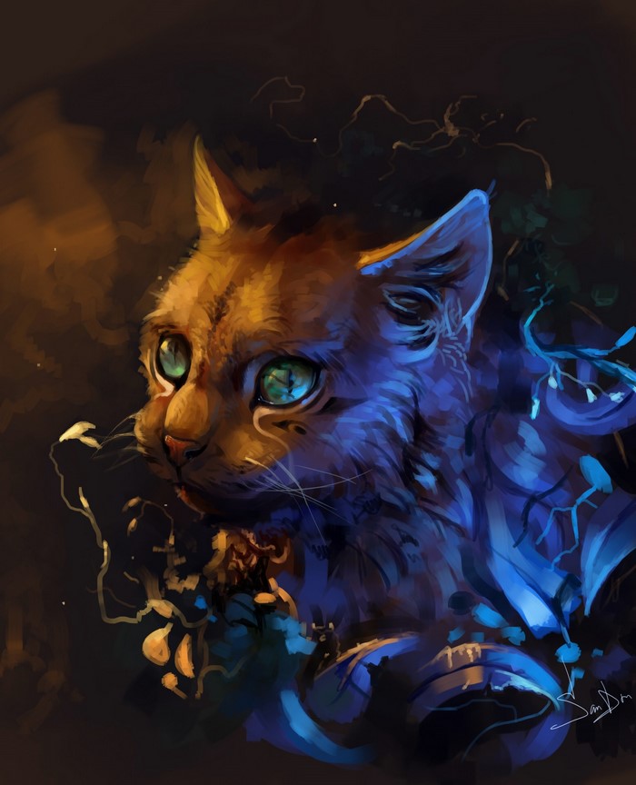 Digital painting of a cat with blue and orange lighting
