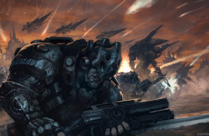 Warriors in armor with assault rifles during battle