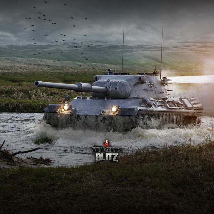 Leopard 1 tank from World of Tanks Blitz crossing a stream
