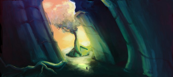 Tree in a rocky canyon with sunset light