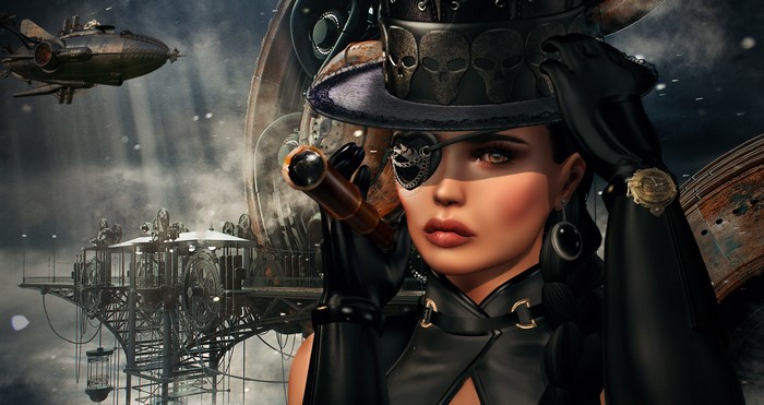 Steampunk woman with eye patch and telescope