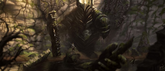 Warrior facing a giant statue in a forest