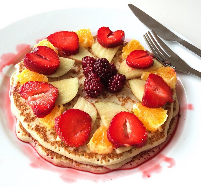 Pancakes with Strawberries, Blackberries, and Orange Slices