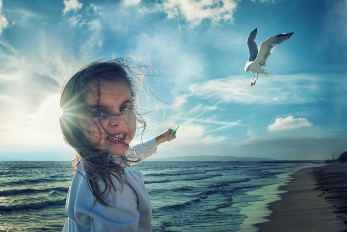 Girl flying a seagull kite on the beach