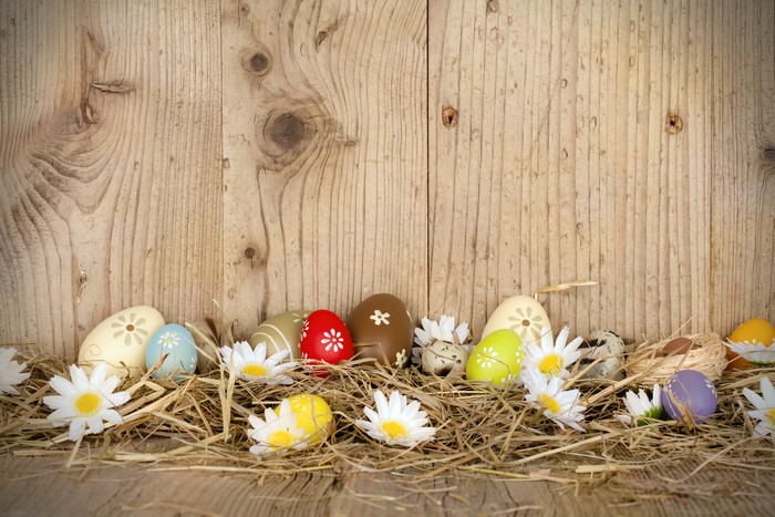 Easter Eggs and Camomiles on Wood Planks