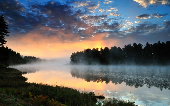 Misty lake at sunrise with forest reflection