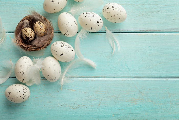 Easter Eggs and Feathers on Blue Wood