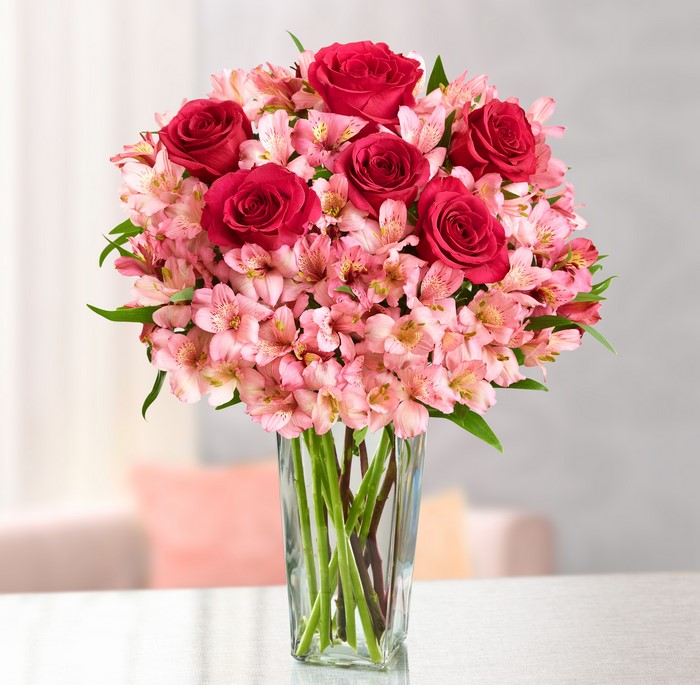 Vibrant Pink Roses and Alstroemeria Bouquet in Vase