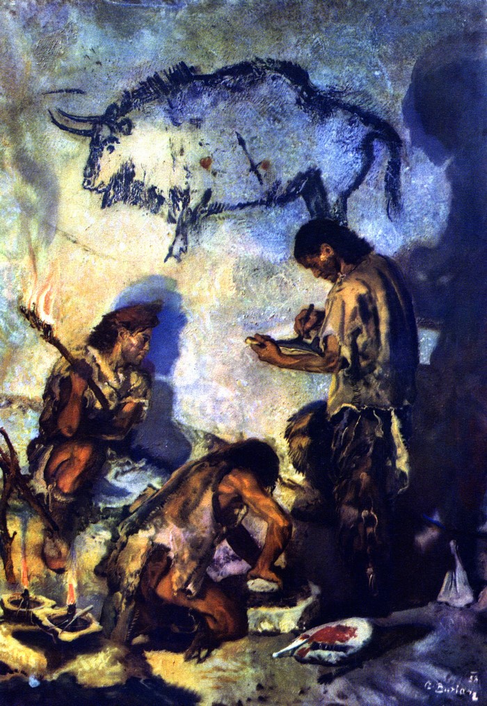 Prehistoric cave painting of bison and hunters by Zdenek Burian