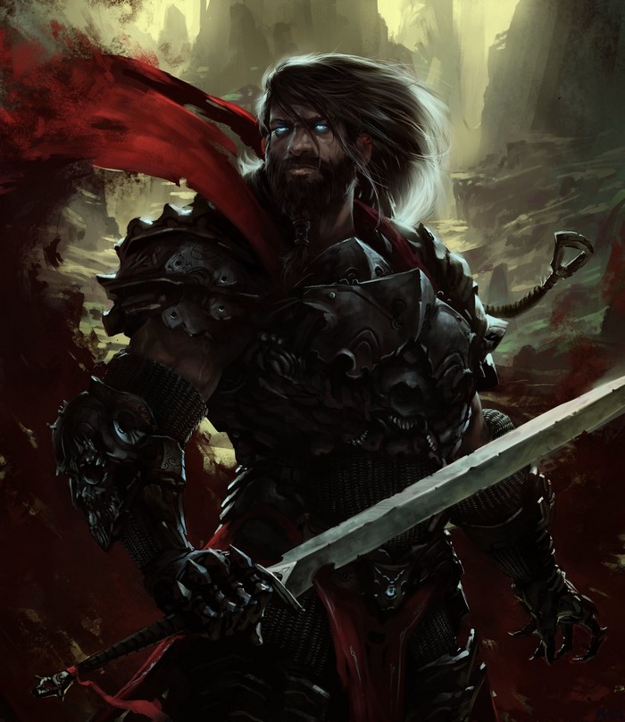 Warrior in dark armor with red cape and sword