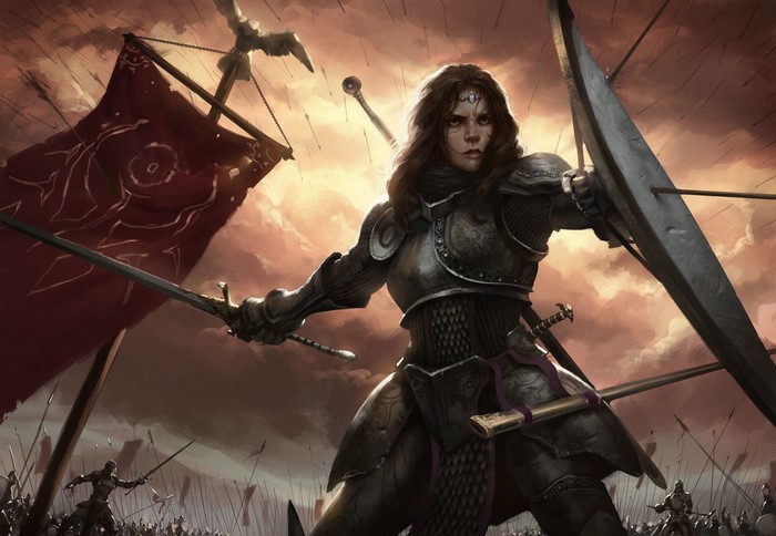 Female knight in armor with sword and shield on battlefield