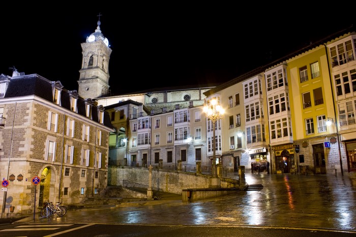 Night street scene in Vitoria-Gasteiz, Basque Country, Spain