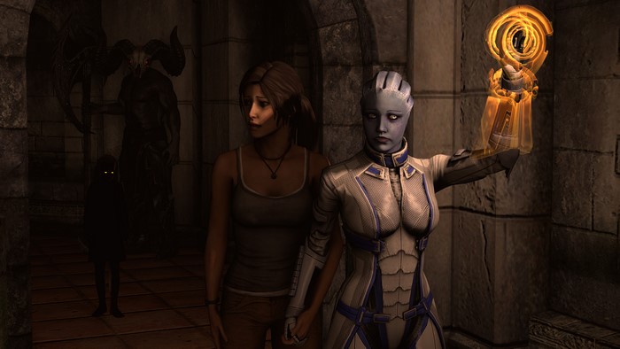 Lara Croft and Liara T'Soni with demons in background