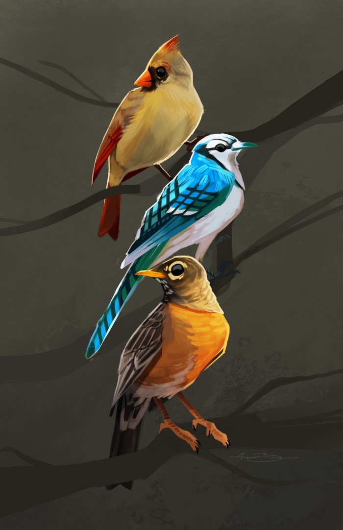 Three birds perched on branches, painting