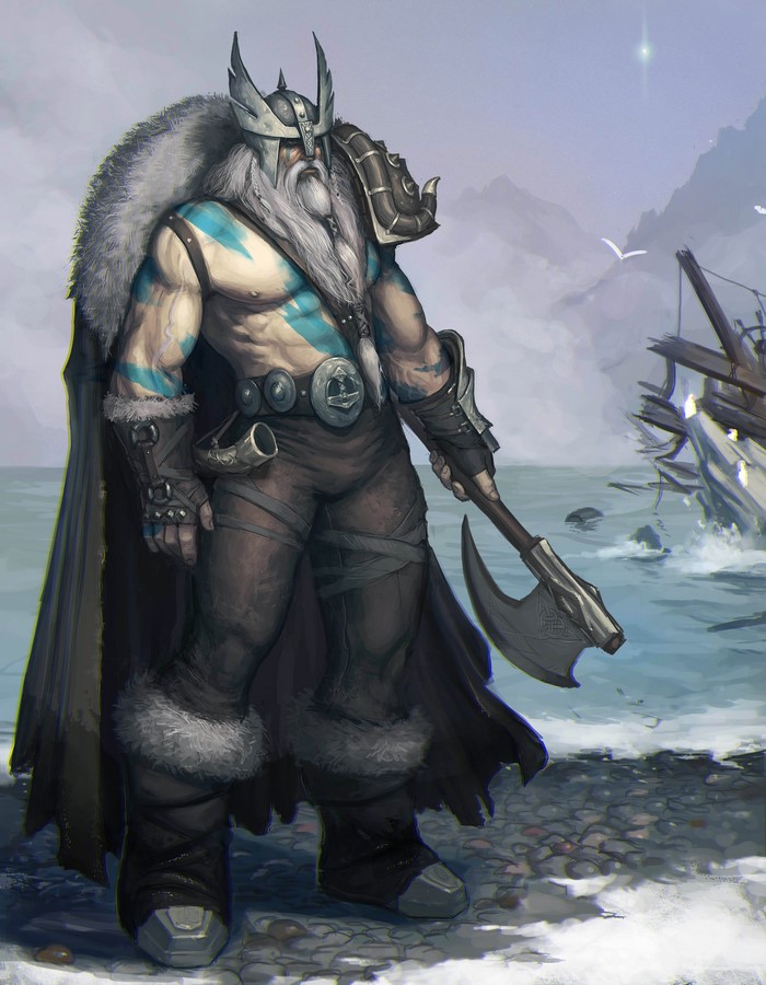 Viking warrior with axe on a beach