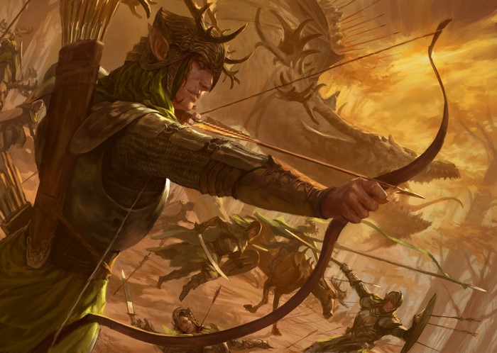 Elven archers in battle with a dragon in the background