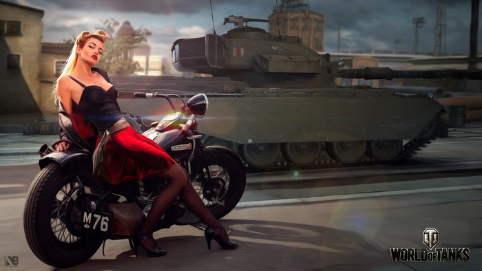 Pin-up girl on a motorcycle with a tank in the background