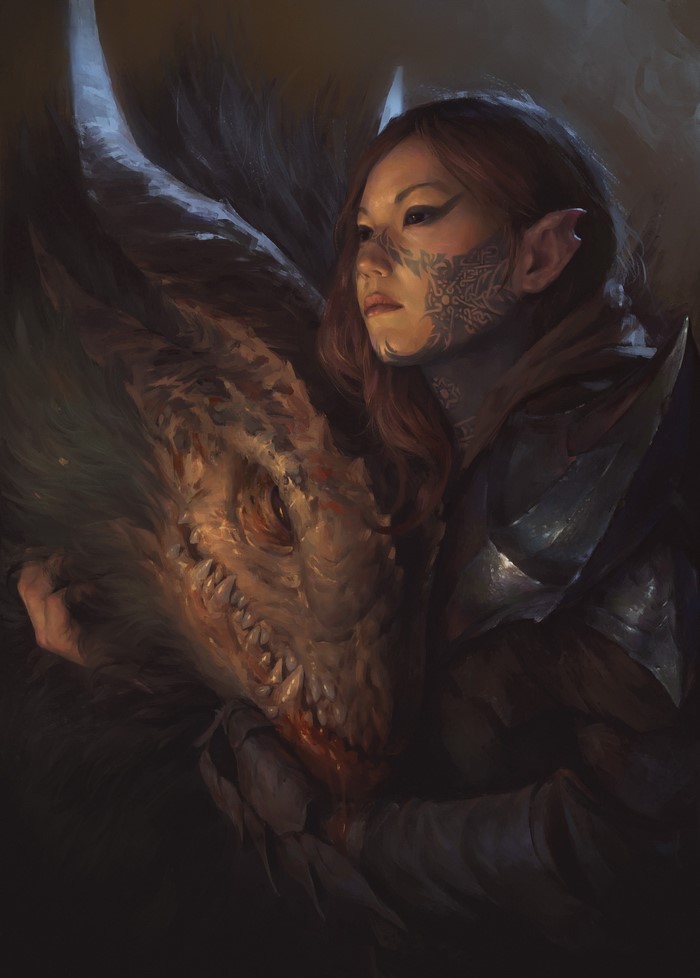 Elf woman with dragon tattoos embraces a dragon