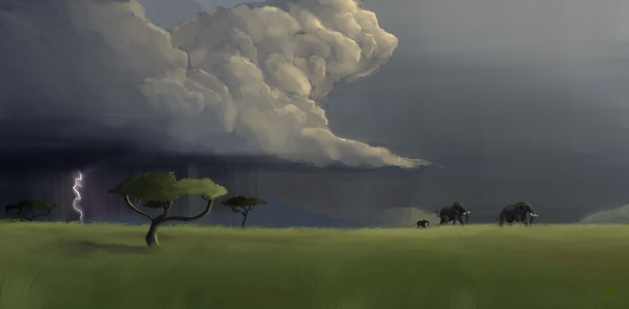 Elephants in a savanna during a thunderstorm