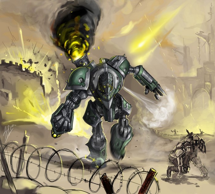 Giant Robot attacking a castle with soldiers