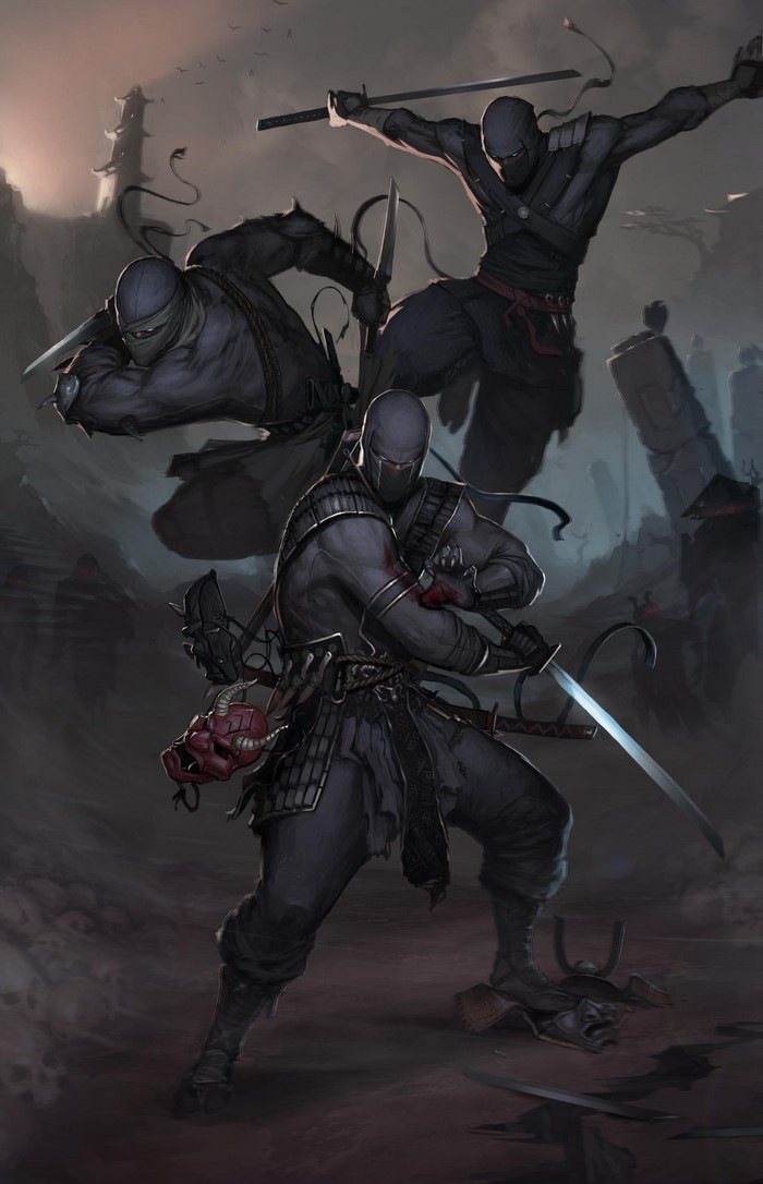 Three ninjas in action with swords