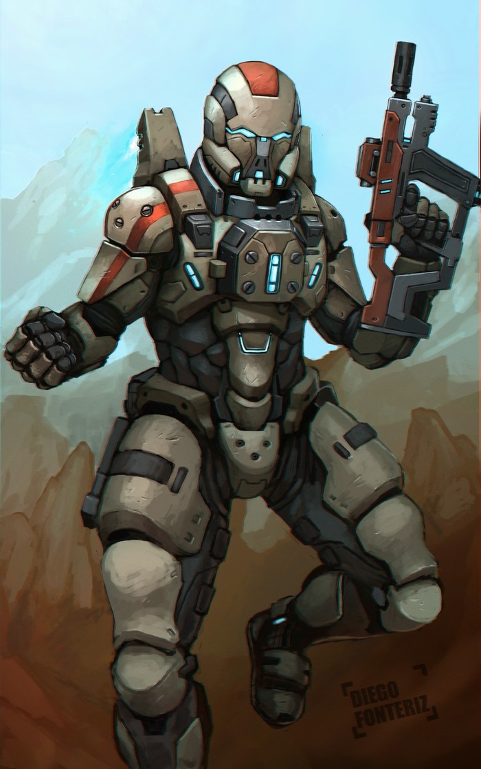 Soldier in futuristic armor holding an assault rifle