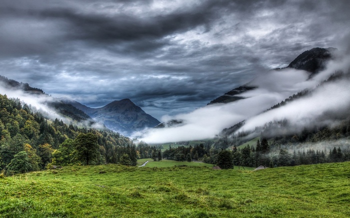 Misty mountains and green valley