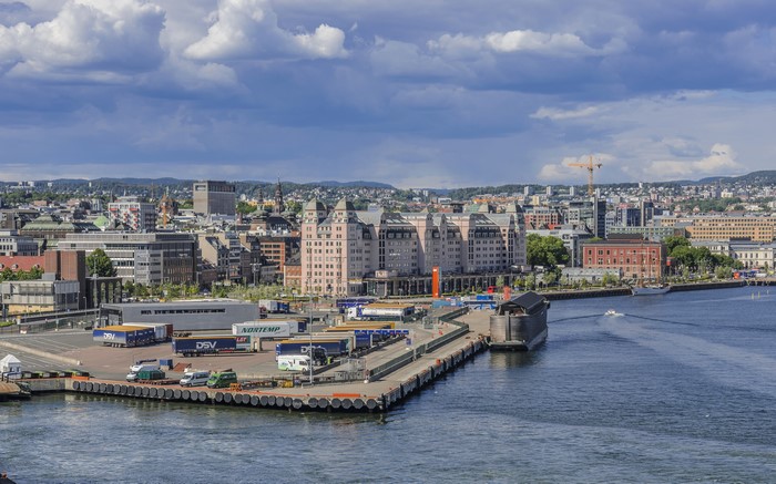 Oslo Harbor with Trucks and Buildings