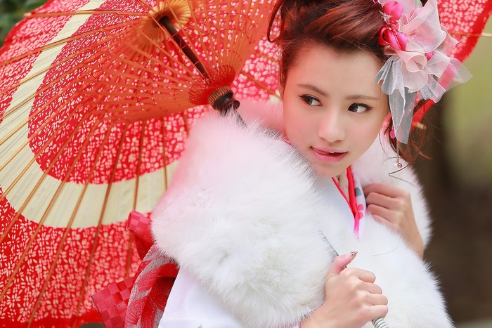 Woman in Kimono with Red Umbrella
