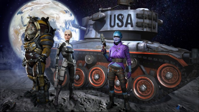 Mass Effect characters with M24 Lunar Chaffee tank on the Moon