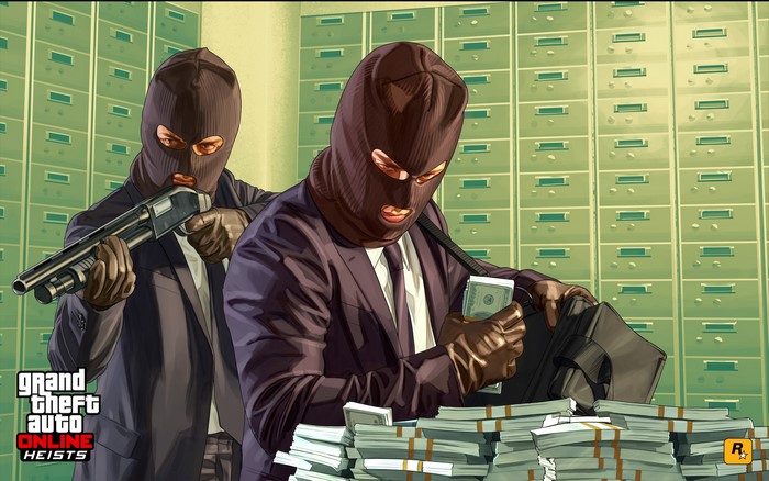 Grand Theft Auto Online Heists: Two robbers in masks with money
