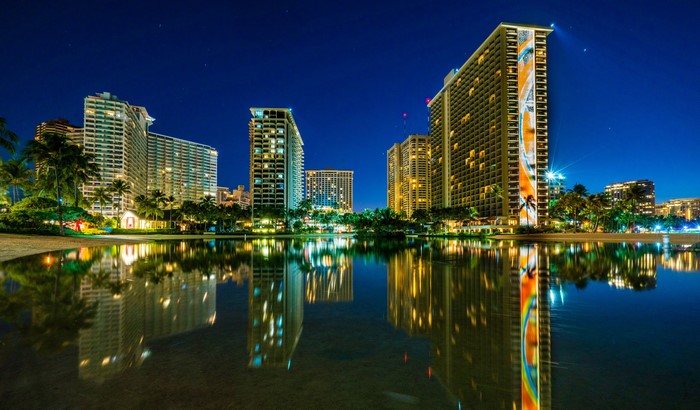 Waikiki Hawaii Night Cityscape Reflection
