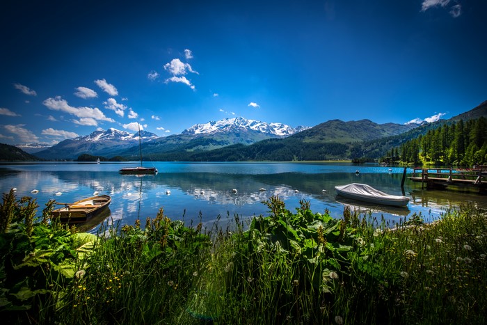Lake Sils Switzerland Mountains Boats Scenery