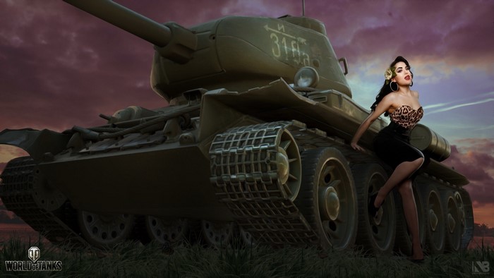 Pin-up girl with T-34 tank from World of Tanks