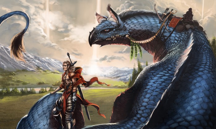 Man and dragon in a fantasy landscape