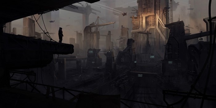 Star Citizen industrial cityscape with lone figure