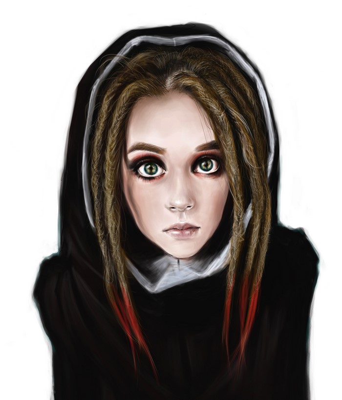 Painting of a young woman with dreadlocks wearing a hood