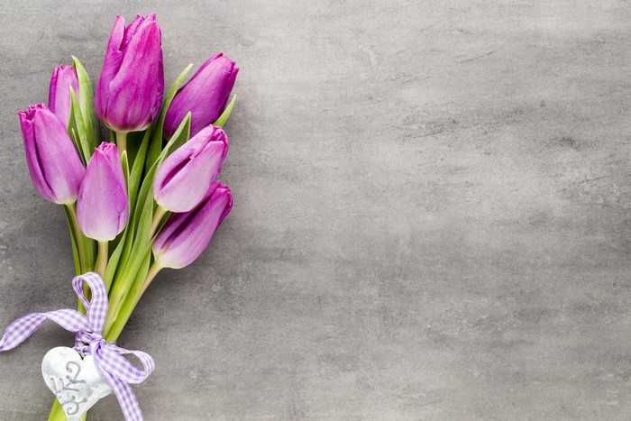 Violet Tulips Bouquet with Heart and Bow