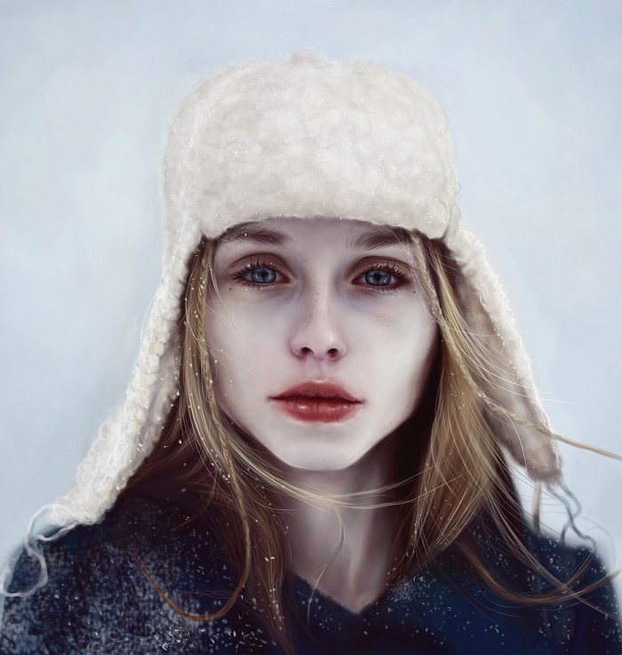 Painting of a young woman in a winter hat