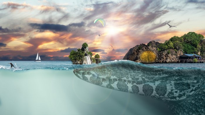 Giant Serpent Eye Island with Surfer and Sailboat