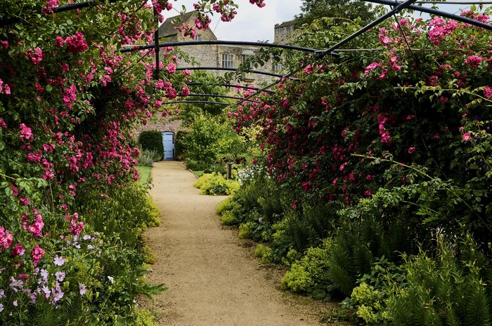 Rose Garden Path with Historic Building in England