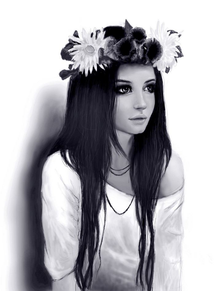Black and white painting of a girl with a flower wreath