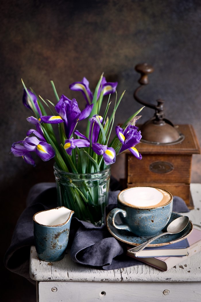 Still-life with Irises, Coffee, and Coffee Grinder