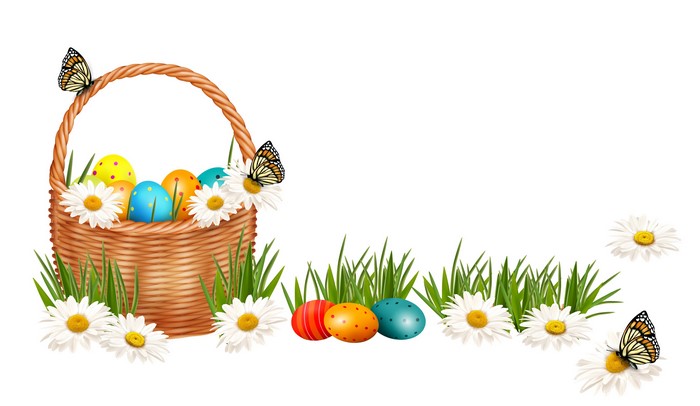Easter basket with eggs, butterflies, and daisies