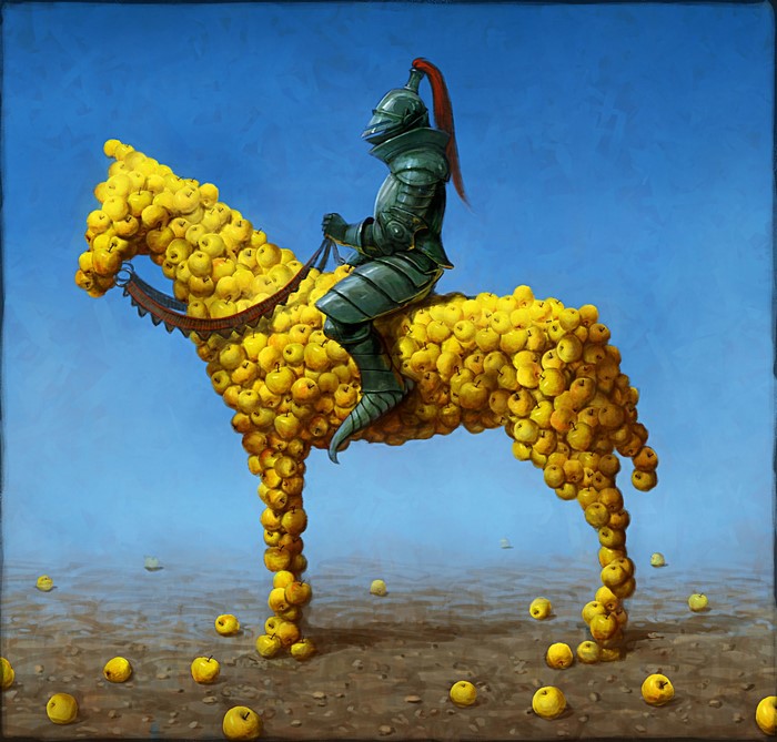 Knight riding a horse made of apples