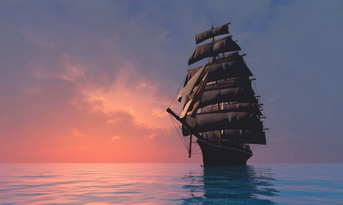 4K Sailing Ship on Sea at Sunset