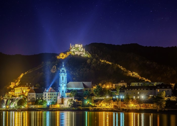 Dürnstein, Austria at night with castle ruins