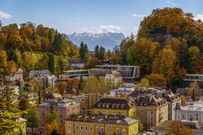 Salzburg, Austria with autumn trees and mountains