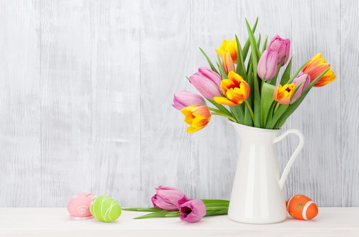 Easter Tulips in a Jug with Eggs